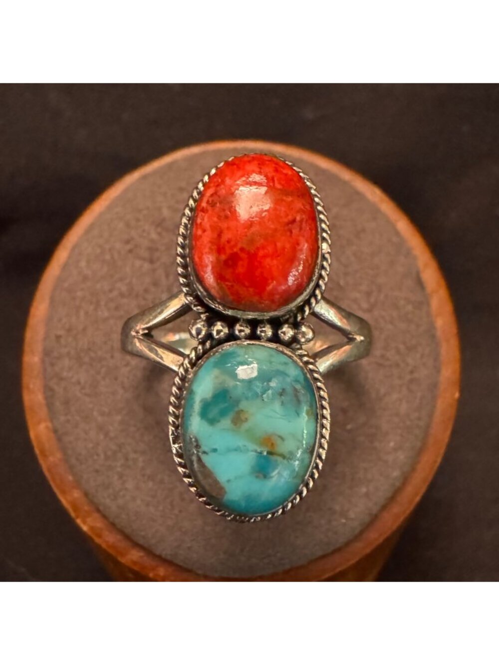Solid Sterling Silver 925 Navajo Turquoise & Coral Statement Ring Size 9.5